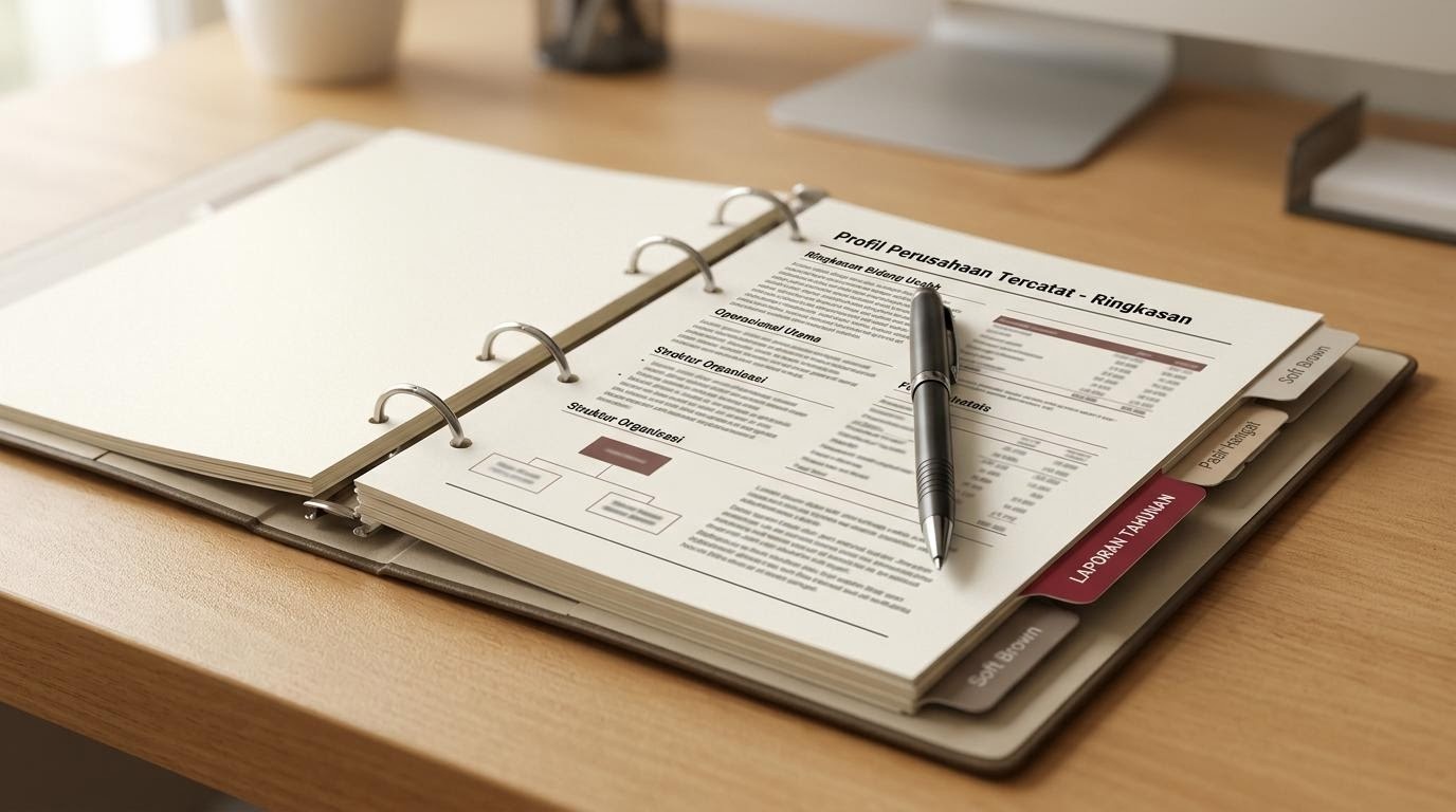 Carpeta abierta con el perfil de una empresa cotizada y separadores de informes anuales sobre una mesa en tonos arena