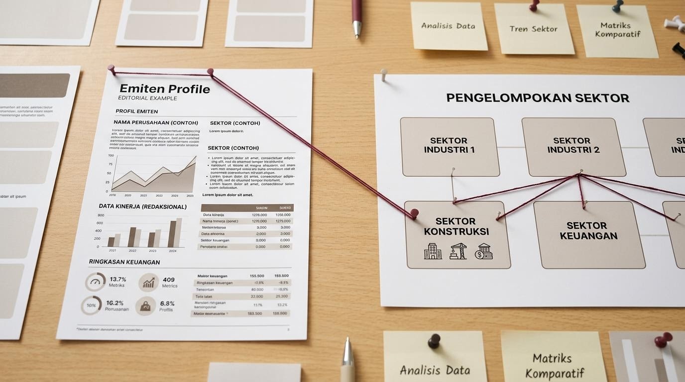 Ficha con el perfil de una empresa cotizada conectada con la clasificación sectorial en un tablero de trabajo