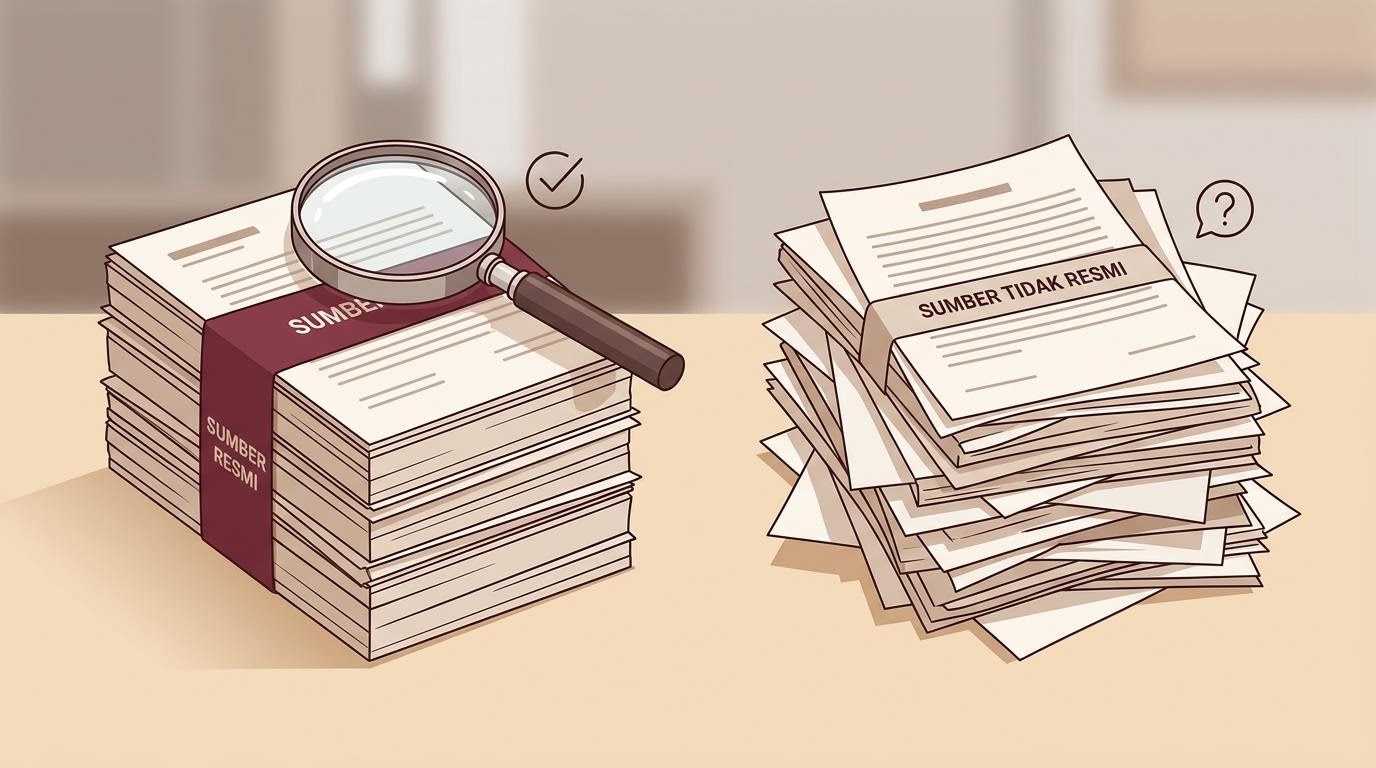 Dos pilas de documentos comparadas lado a lado que distinguen las fuentes oficiales de las no oficiales