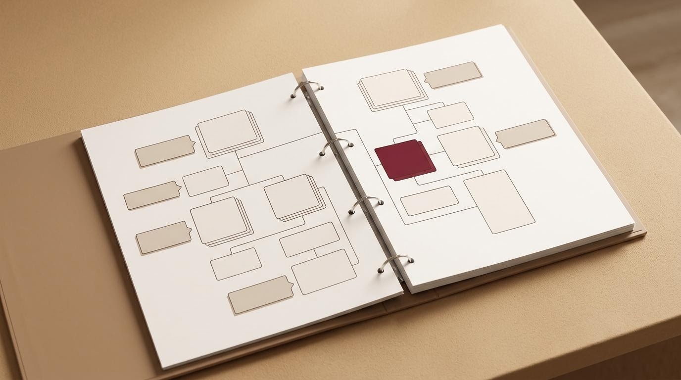 Diagrama de clasificación industrial en una carpeta sectorial sobre una mesa en tonos arena